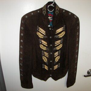 Ren Ellis women's vintage brown suede Renegade jacket beadwork conchas size 10